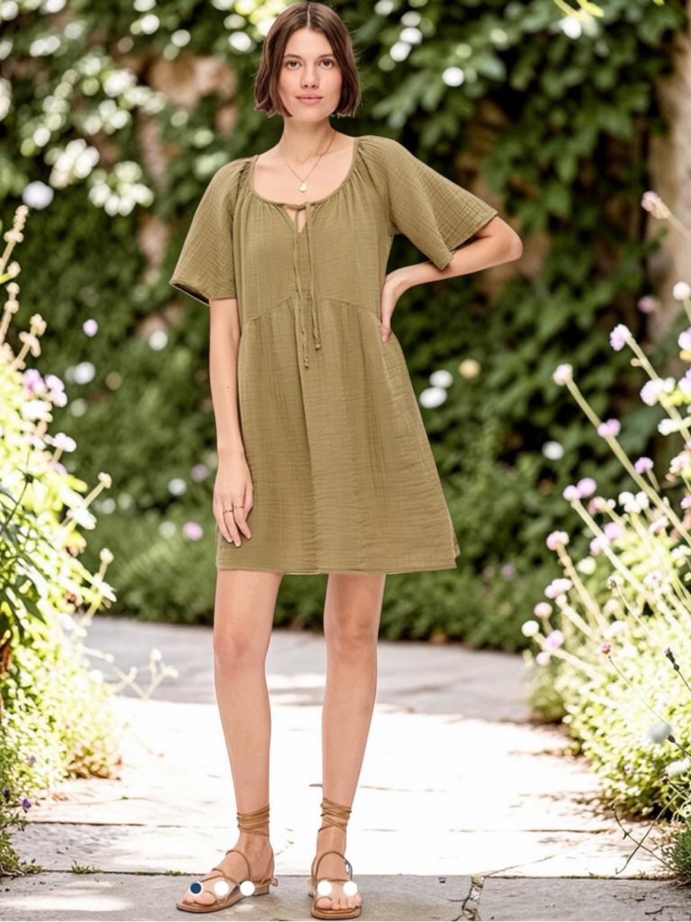 Old Navy Olive Green Smocked Short-Sleeve Babydoll Dress